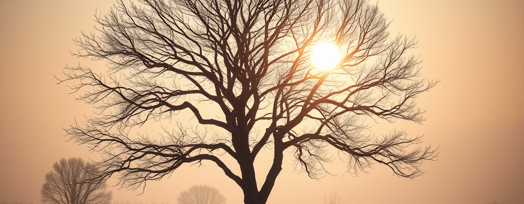 Winter forest landscape with golden sunlight, snow-covered path, rustic cabin, and leafless trees. Illustrating the theme of quiet miracles and finding light in the winter season.