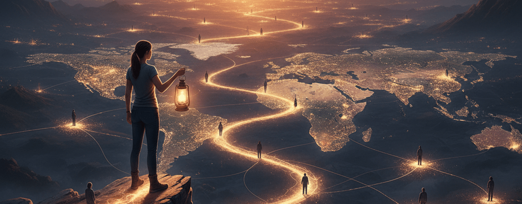 A lone figure standing on a mountain peak holding a lantern, overlooking a glowing global map made of interconnected lights and paths at sunset, symbolizing how an unfinished story impacts the nations.