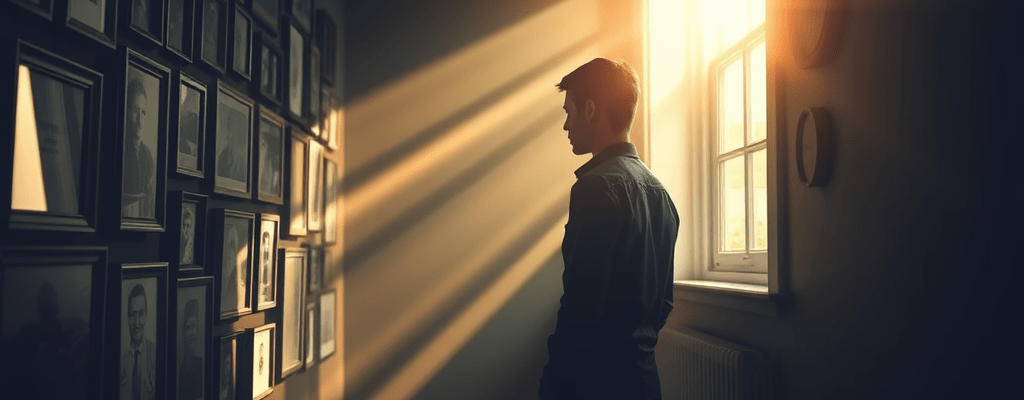 A conceptual art piece showing a person standing between a dim hallway of framed "past memories" and a vibrant, sun-drenched window, representing the choice between living in regret and embracing the present.