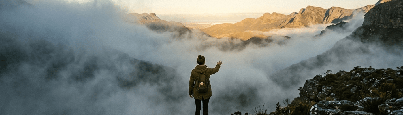 A person walking out of fog into the sunlight representing truth and illusions.