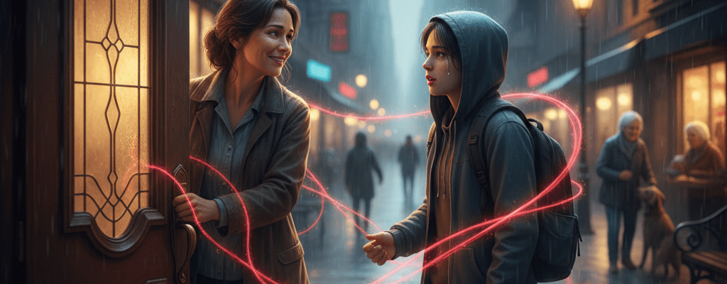 An atmospheric digital painting of a woman kindly holding open a heavy wooden door for a young man in a hoodie on a rainy city street. Faint, glowing red threads swirl between them, symbolizing the invisible connection and "The Echo of a Quiet Hello."