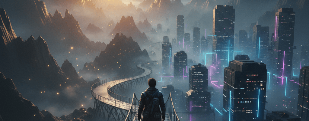 A cinematic digital art piece featuring a man standing on a transparent glass bridge. The man looks toward the sun, symbolizing the choice between facing the internal landscape and seeking temporary digital escapes.