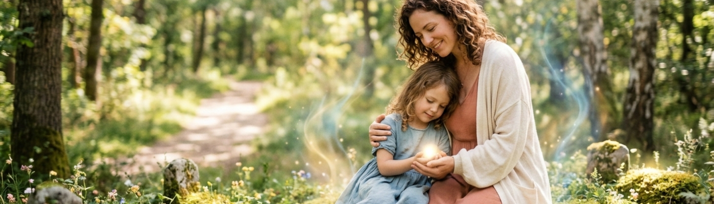 An adult woman in a sun-dappled forest kneeling to embrace her younger inner child who is cradling a glowing light, symbolizing the process of reparenting and healing childhood trauma to achieve self-mastery.