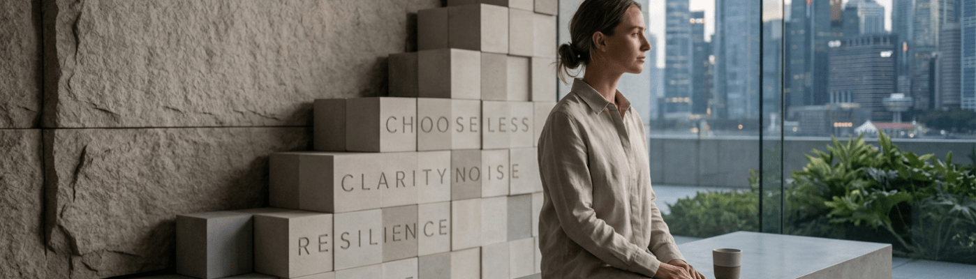 A peaceful person sits in a minimalist room next to concrete blocks inscribed with PURPOSE, RESILIENCE, CLARITY, and CHOOSE LESS NOISE. A chaotic city skyline is visible in the background.