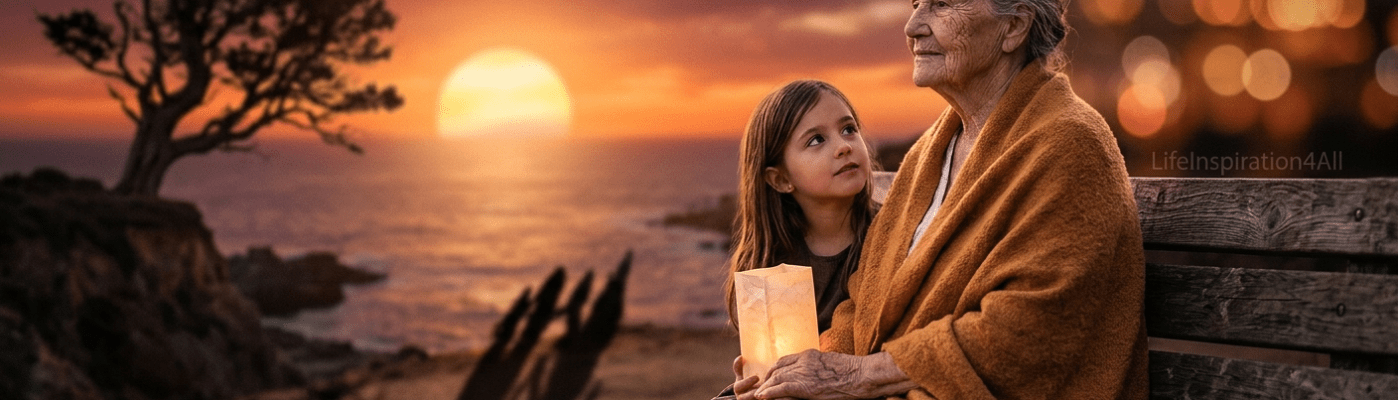 A hand passing a small, glowing lantern to a younger hand against a backdrop of a deep orange sunset, representing the passing of wisdom and 'Grace Upon Grace' across generations.