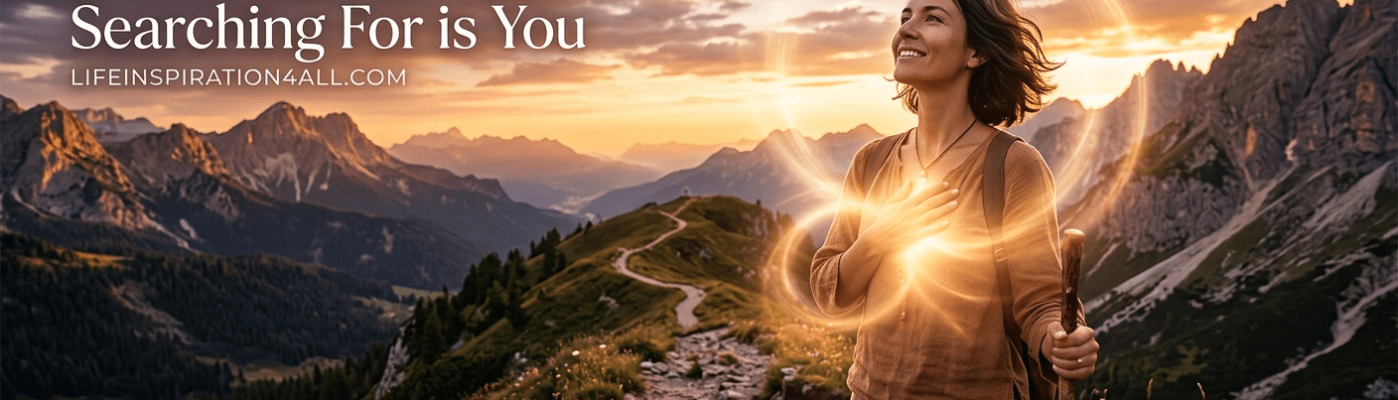 The image features a woman in a vast, open landscape, smiling up towards the light, with glowing energy radiating from within her.