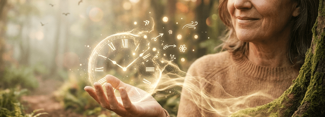 A serene person releasing a glowing clock that dissolves into golden mist in a sunlit forest, symbolizing the freedom of living in the present moment without regret or worry.