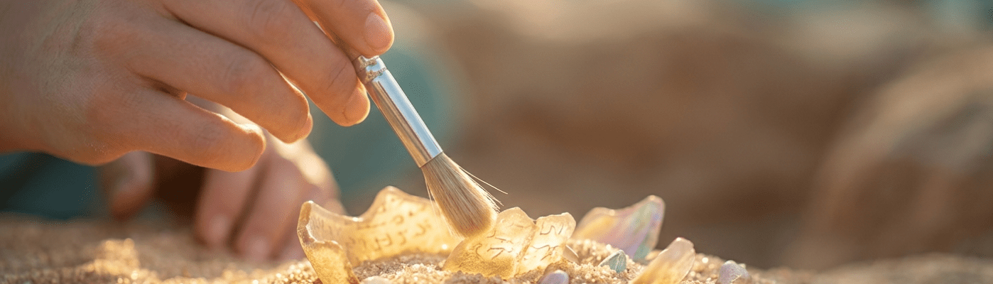 Close-up of a hand dusting golden treasure in the sand with a small brush.