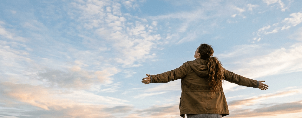 Woman with open arms standing in empty field facing distant mountains