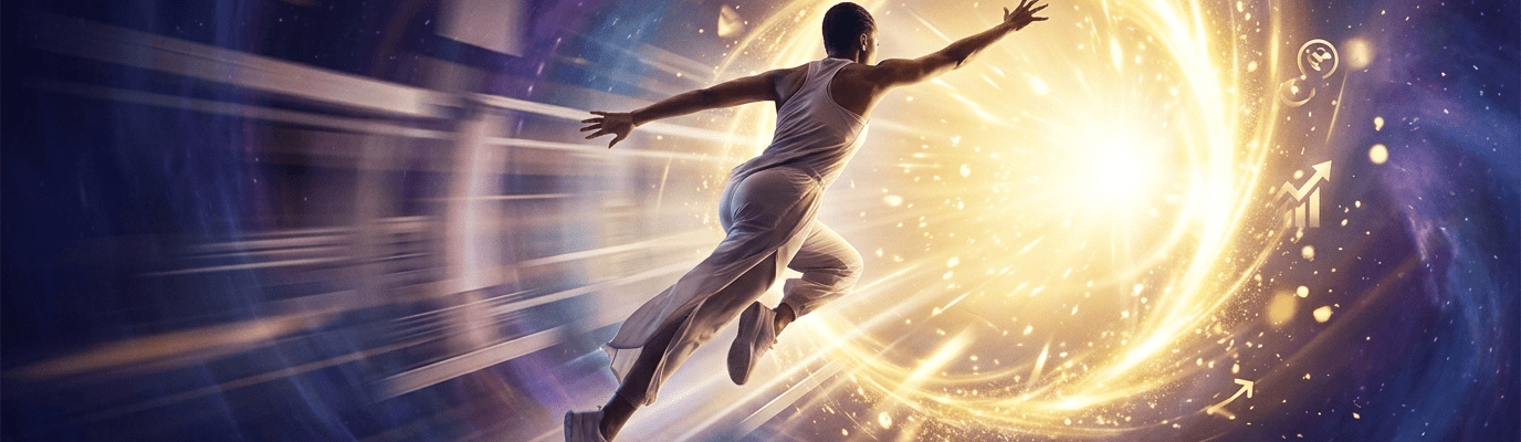 A person leaping through a glowing portal of light representing the speed of opportunity and success.
