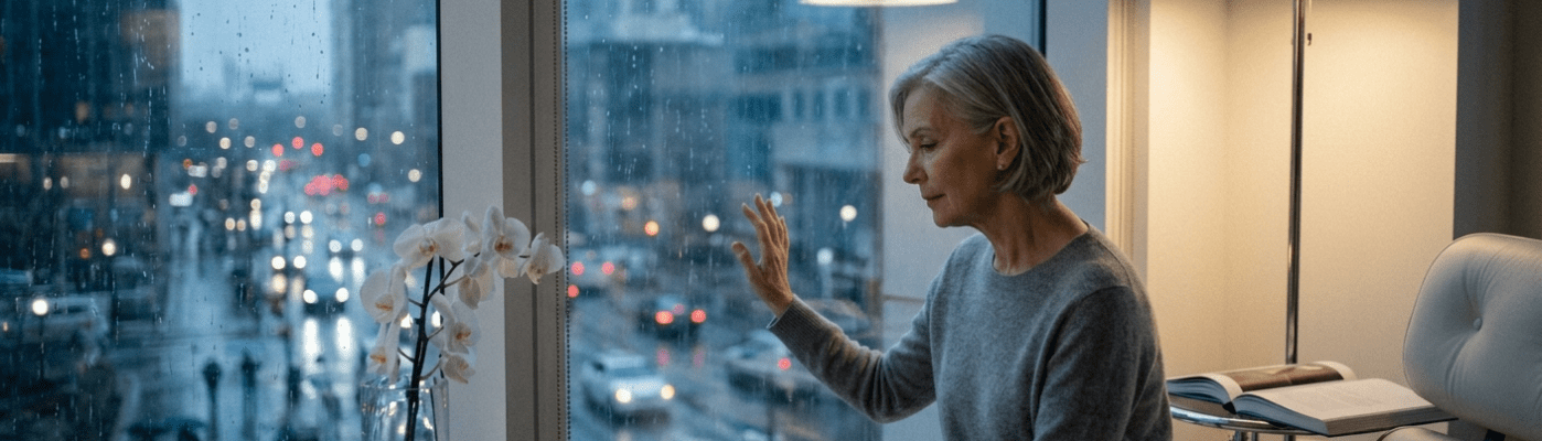 A contemplative older woman looking out of a high-rise window at a rainy city street at dusk, reflecting the contrast between indoor comfort and emotional isolation.