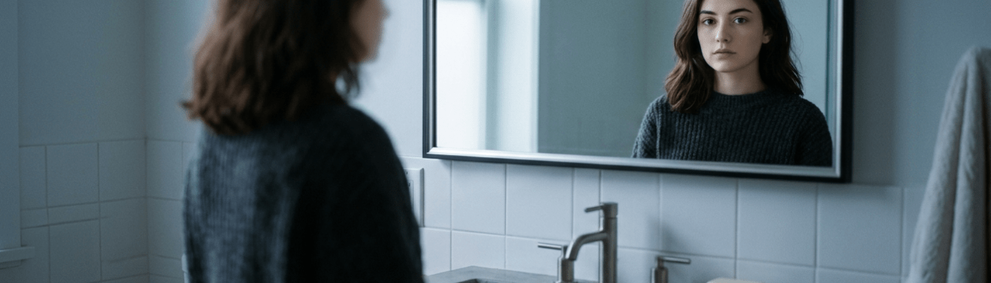 A woman with a blurred face looking into a mirror that shows a clear reflection, visually representing depersonalization, dissociation, and mirror anxiety.