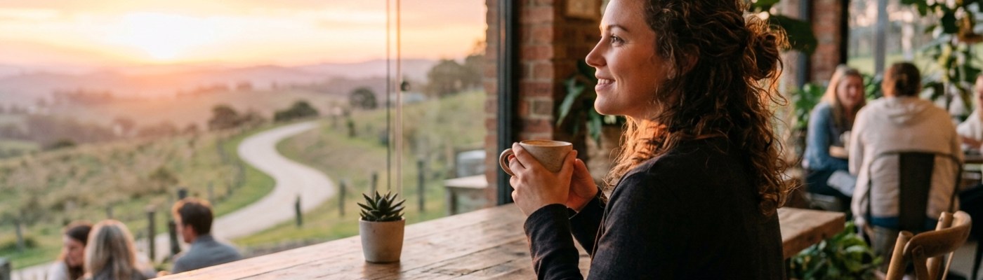 A woman smiling thoughtfully while holding a warm cup at a cozy café table, looking out at a scenic countryside sunrise to represent personal growth, clarity, and new beginnings.